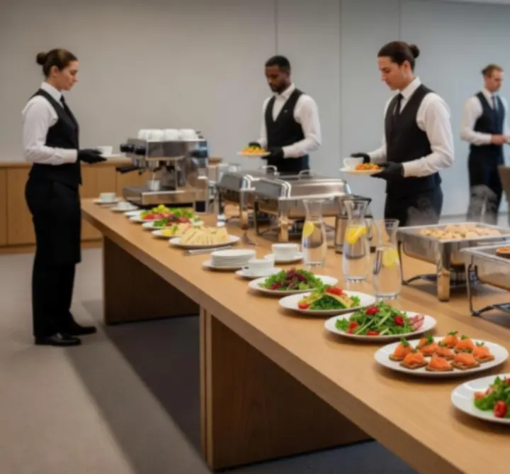 Corporate catering setup with prepared dishes for a business event in the UK
