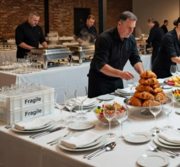 Catering team arranging food and table setup for an event