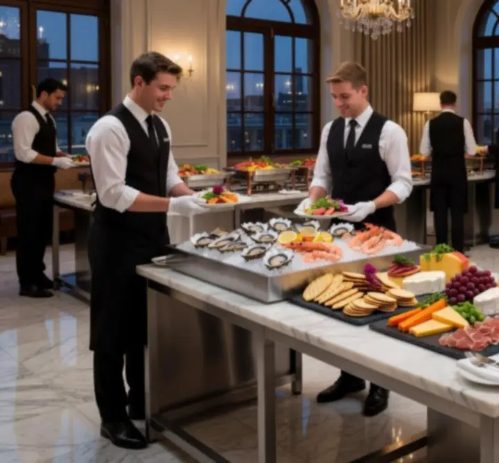 Professional event catering setup with buffet and serving area prepared by CHOPS&FLEX LTD