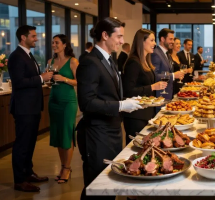 Selection of CHOPS&FLEX LTD catered events with buffet spreads and guests being served