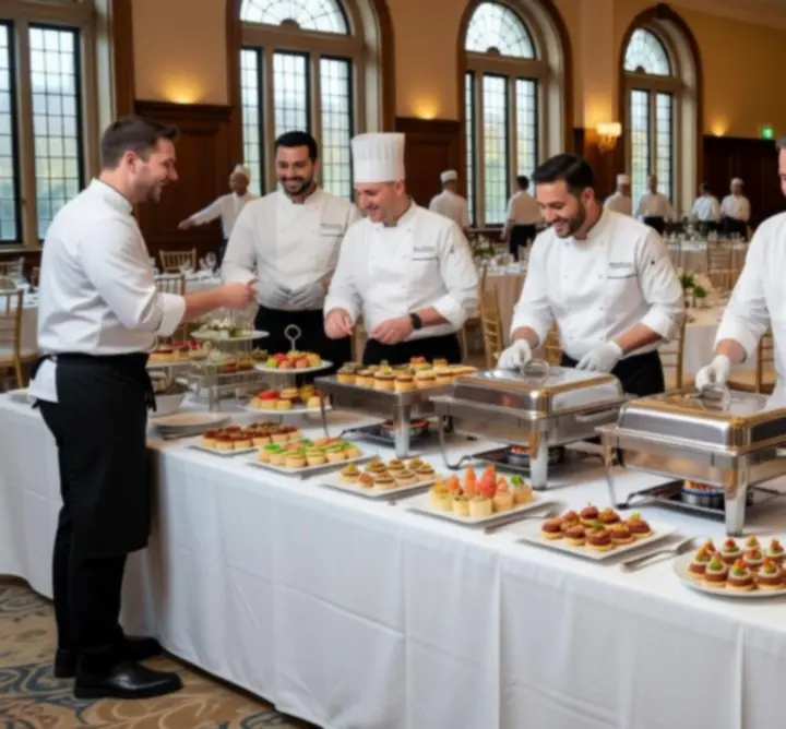 Smartly dressed professional catering team preparing event service