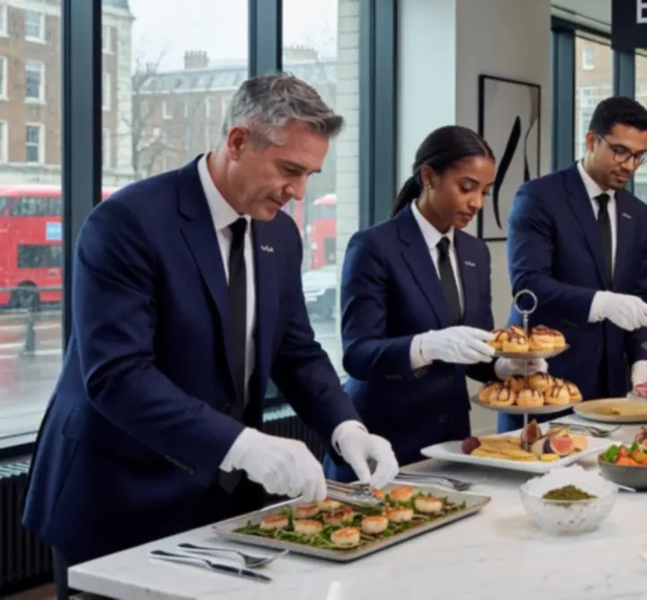 Professional catering staff carefully setting up an event service area